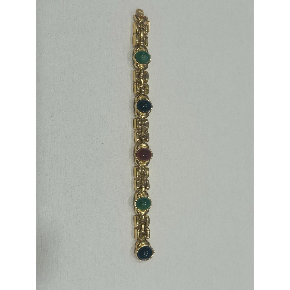 Vintage CINER Gold Tone Cabochon Link Bracelet Green Blue Red 6.75"